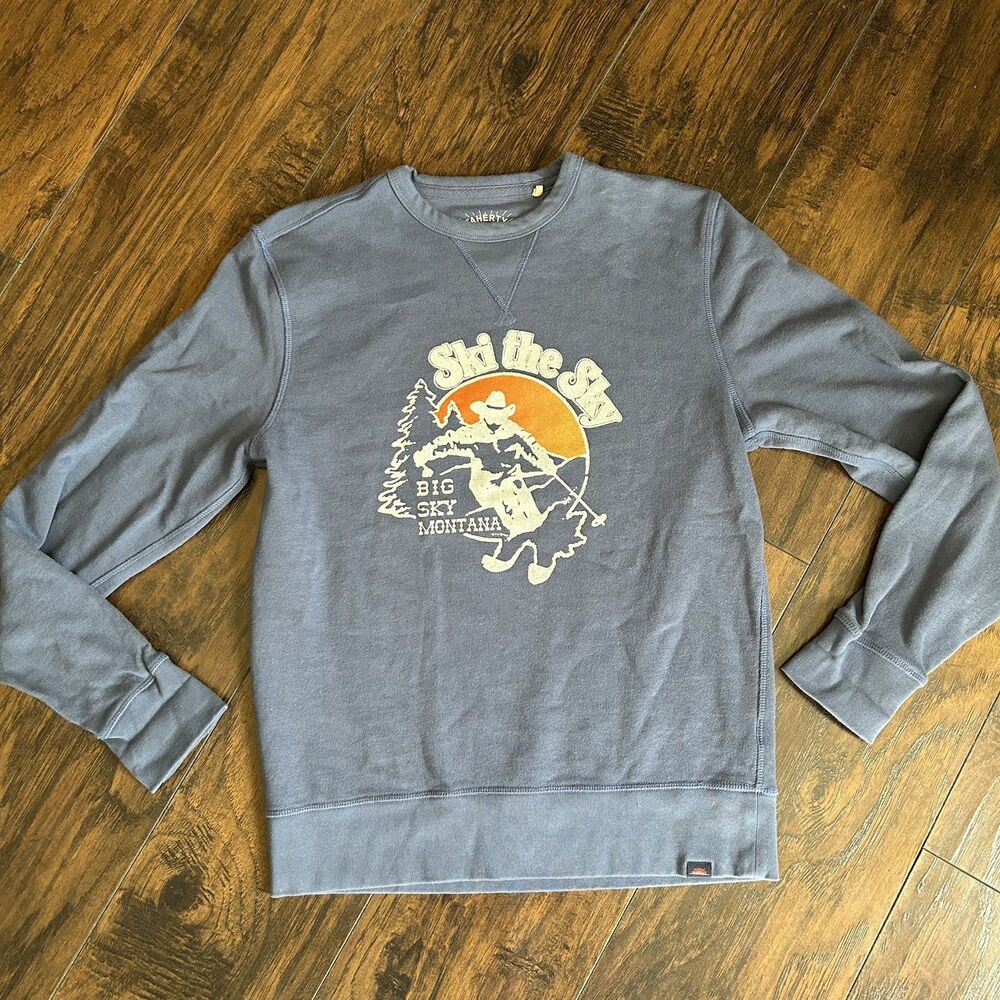 Faherty Crewneck Sweatshirt Ski the Sky Big Sky Montana Medium Blue